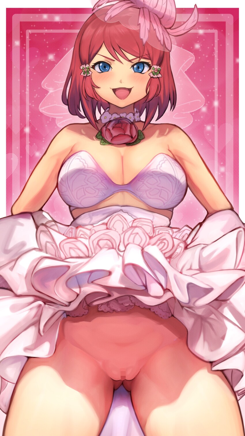 1girl absurdres blue_eyes bra breasts bridal_veil censored cleavage commission dress flashing flower flower_necklace hair_ornament heart heart_background highres jewelry lipstick looking_at_viewer makeup medium_breasts mosaic_censoring neck_flower necklace official_alternate_costume pulling_own_clothes pussy r123 red_flower red_hair red_lips red_rose rose rose_(tales) rose_(wedding)_(tales) short_hair smile solo sparkle_background tales_of_(series) tales_of_asteria tales_of_link tales_of_zestiria underwear veil white_bra white_dress