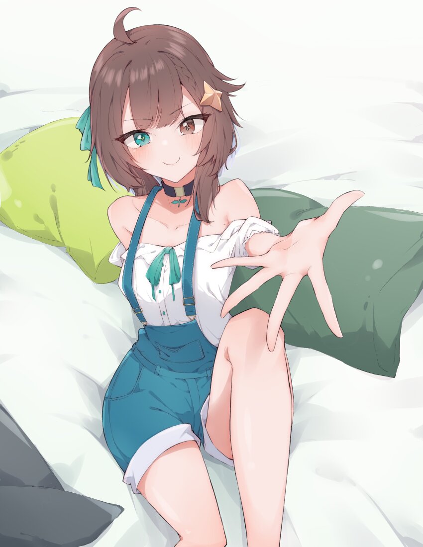 1girl absurdres ahoge airenif bare_shoulders bed_sheet black_choker blue_overalls blush braid brown_eyes brown_hair choker collarbone commentary commission cross-shaped_pupils english_commentary green_eyes green_ribbon hair_flaps hair_ornament hair_ribbon heterochromia highres indie_virtual_youtuber knee_up medium_hair meica_(vtuber) meica_(vtuber)_(old_design) mismatched_pupils off-shoulder_shirt off_shoulder outstretched_hand overall_shorts overalls pendant_choker pillow reaching reaching_towards_viewer ribbon shirt short_shorts shorts single_braid sitting smile sprout-shaped_pupils sprout_pendant star_(symbol) star_hair_ornament symbol-shaped_pupils v-shaped_eyebrows virtual_youtuber white_shirt