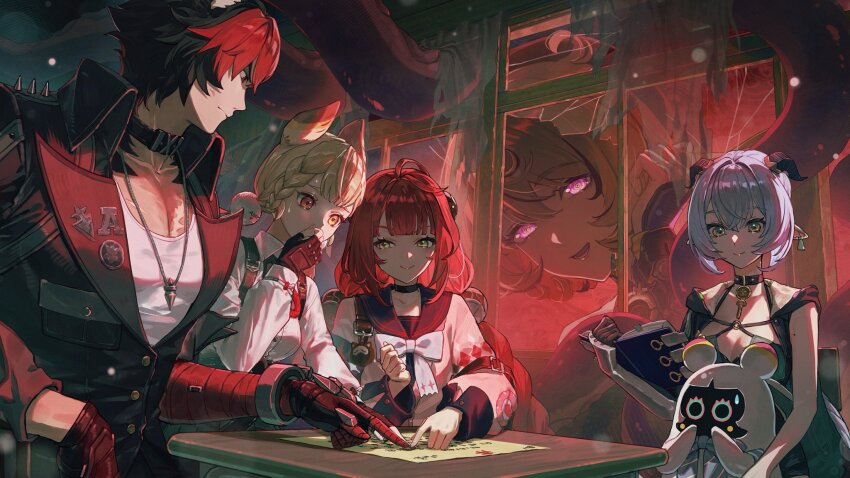 1boy 4girls alice_thymefield animal_ears bangboo_(zenless_zone_zero) bare_shoulders black_hair black_hat black_jacket black_sailor_collar blonde_hair blue_hair blush braid braided_twintails breasts cardigan chest_bow choker cleavage closed_mouth commentary_request dog_boy dog_ears fingerless_gloves gloves glowing glowing_eyes goat_ears goat_girl goat_horns green_eyes guest_art hair_between_eyes hair_ornament hat hearing_aid heterochromia highres hood hood_down horizontal_pupils horns jacket jewelry key key_choker komano_manato kotobuki_nashiko long_hair low_twin_braids low_twintails lucia_elowen medallion miss_esme_(zenless_zone_zero) mole mole_on_arm mole_under_mouth monster_girl multicolored_hair multiple_girls multiple_scars muscular muscular_male necklace open_mouth pectorals pink_cardigan pointy_ears purple_eyes rabbit_ears rabbit_girl red_bandage red_eyes red_hair sailor_collar scar scar_on_chest shirt short_hair sitting smile sphere_hair_ornament spiked_jacket thiren twin_braids twintails ukinami_yuzuha very_long_hair white_shirt yellow_eyes yidhari_murphy zenless_zone_zero