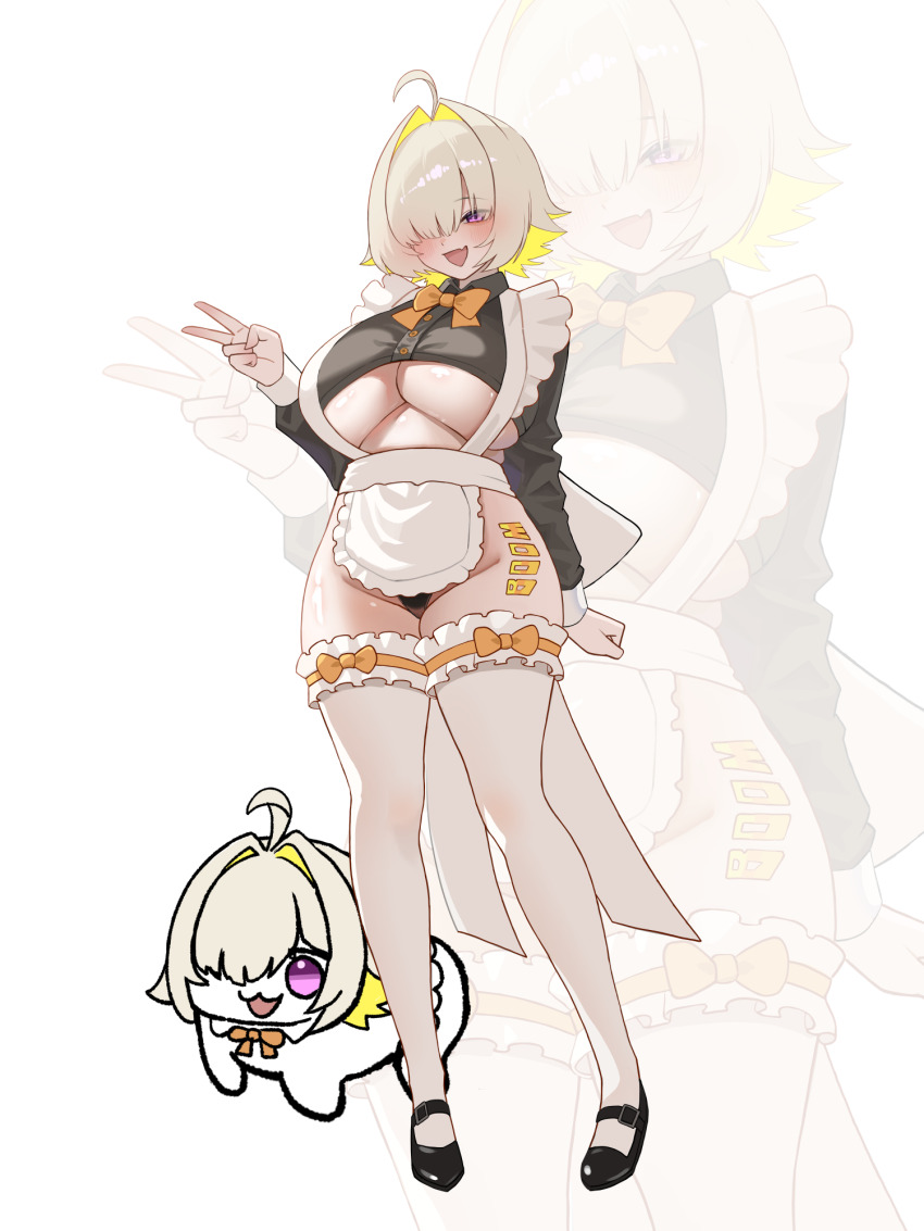 1girl ahoge apron black_shirt blonde_hair bow bowtie breasts clothing_cutout colored_inner_hair crop_top doro_(nikke) elegg_(nikke) goddess_of_victory:_nikke hair_intakes hair_over_one_eye highres huge_breasts medium_hair multicolored_hair musclexm orange_bow orange_bowtie pink_eyes shirt solo thighhighs underboob underboob_cutout v waist_apron white_apron white_thighhighs zoom_layer