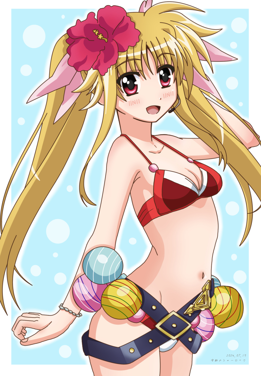1girl arm_behind_head bardiche_(nanoha) bardiche_(standby_form)_(nanoha) belt bikini black_belt blonde_hair breasts fate_testarossa flower hair_flower hair_ornament hand_on_headset headset highres lyrical_nanoha lyrical_store mahou_shoujo_lyrical_nanoha mahou_shoujo_lyrical_nanoha_a&#039;s mahou_shoujo_lyrical_nanoha_reflection navel official_alternate_costume outside_border red_bikini red_eyes reiwa_no_sherlock small_breasts solo swimsuit twintails