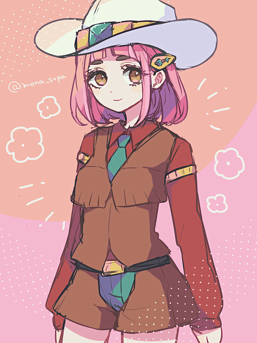 1girl brown_eyes brown_shirt brown_vest clay_(pokemon) clay_(pokemon)_(cosplay) closed_mouth collared_shirt commentary_request cosplay cowboy_shot eyelashes flower_symbol green_necktie green_shorts hair_ornament hairclip hat highres lacey_(pokemon) looking_at_viewer medium_hair necktie nintendo pink_hair pokemon pokemon_bw pokemon_sv shinogo_no shirt shorts smile solo vest white_hat