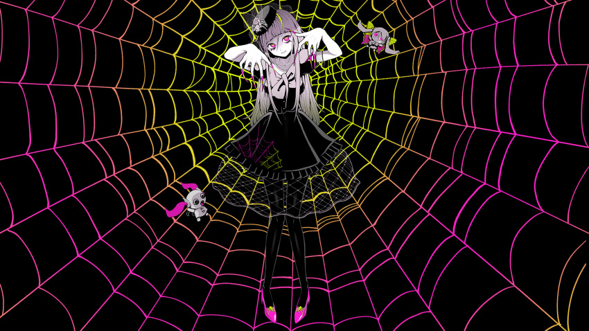 2girls aimaina blunt_bangs bow bug butterfly_wings doushite-chan eyeliner fascinator full_body grin head_tilt highres insect_wings jewelry killer_spider_(vocaloid) limited_palette long_hair looking_at_viewer makeup mini_person minigirl multiple_girls necklace pearl_necklace pink_eyes pinocchio-p portrait puffy_short_sleeves puffy_sleeves shirt short_sleeves sidelocks silk smile spider spider_web very_long_fingernails very_long_hair vocaloid wings