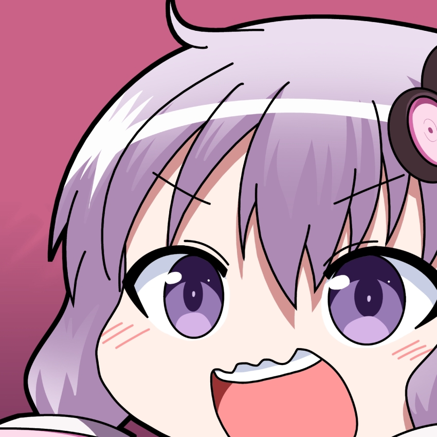 1girl close-up commentary_request hair_ornament highres mikazuki_neko open_mouth purple_eyes purple_hair red_background smile solo v-shaped_eyebrows voiceroid wavy_mouth yuzuki_yukari