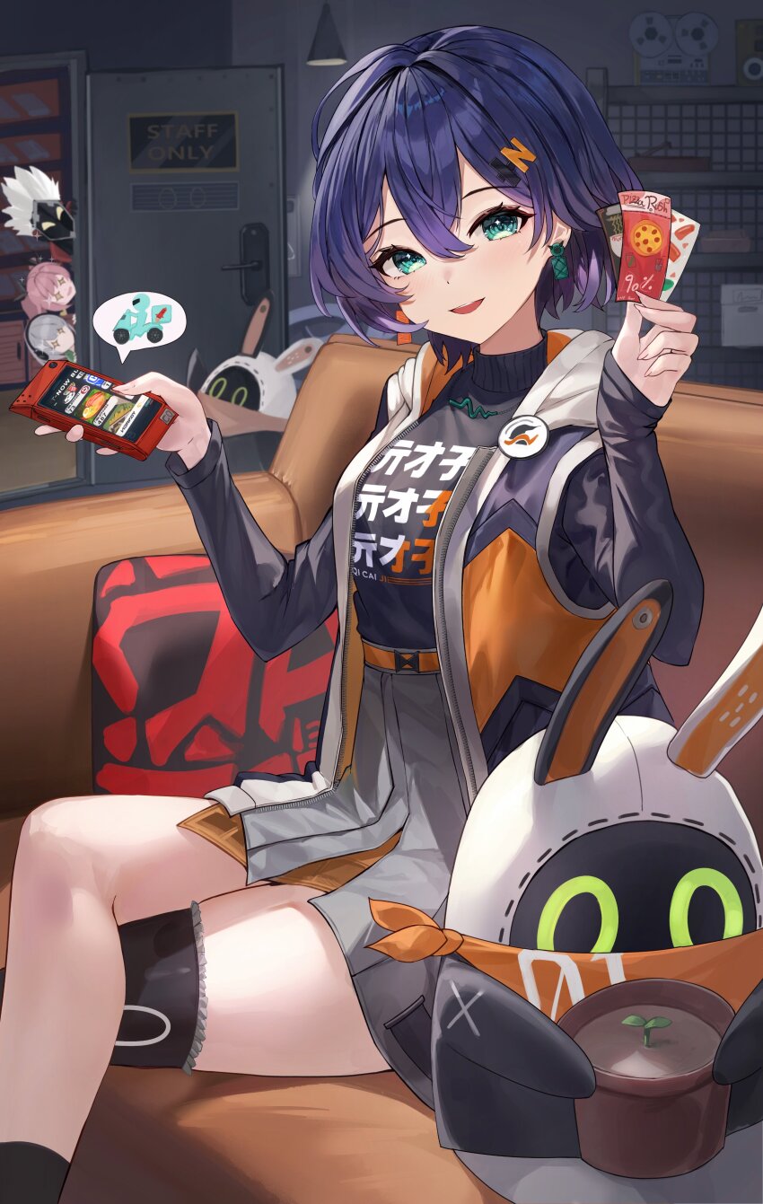 1boy 3girls absurdres anby_demara bandana belle_(zenless_zone_zero) belt billy_kid black_shirt blue_hair breasts cellphone couch crossed_bangs crossed_legs eous_(zenless_zone_zero) gloves green_eyes hair_between_eyes hair_ornament highres holding holding_phone holding_ticket indoors letter_hair_ornament medium_breasts multiple_girls nicole_demara on_couch open_mouth orange_bandana orange_belt orange_gloves phone plant potted_plant shirt single_thighhigh sitting sleeveless sleeveless_jacket smartphone thighhighs ticket wakum zenless_zone_zero