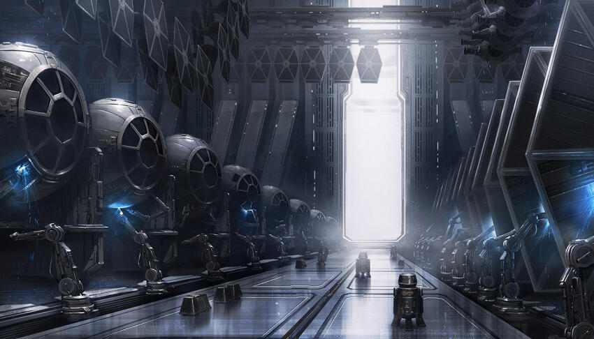 ameen_naksewee astromech_droid factory hangar indoors no_humans robot science_fiction spacecraft star_wars tie_fighter