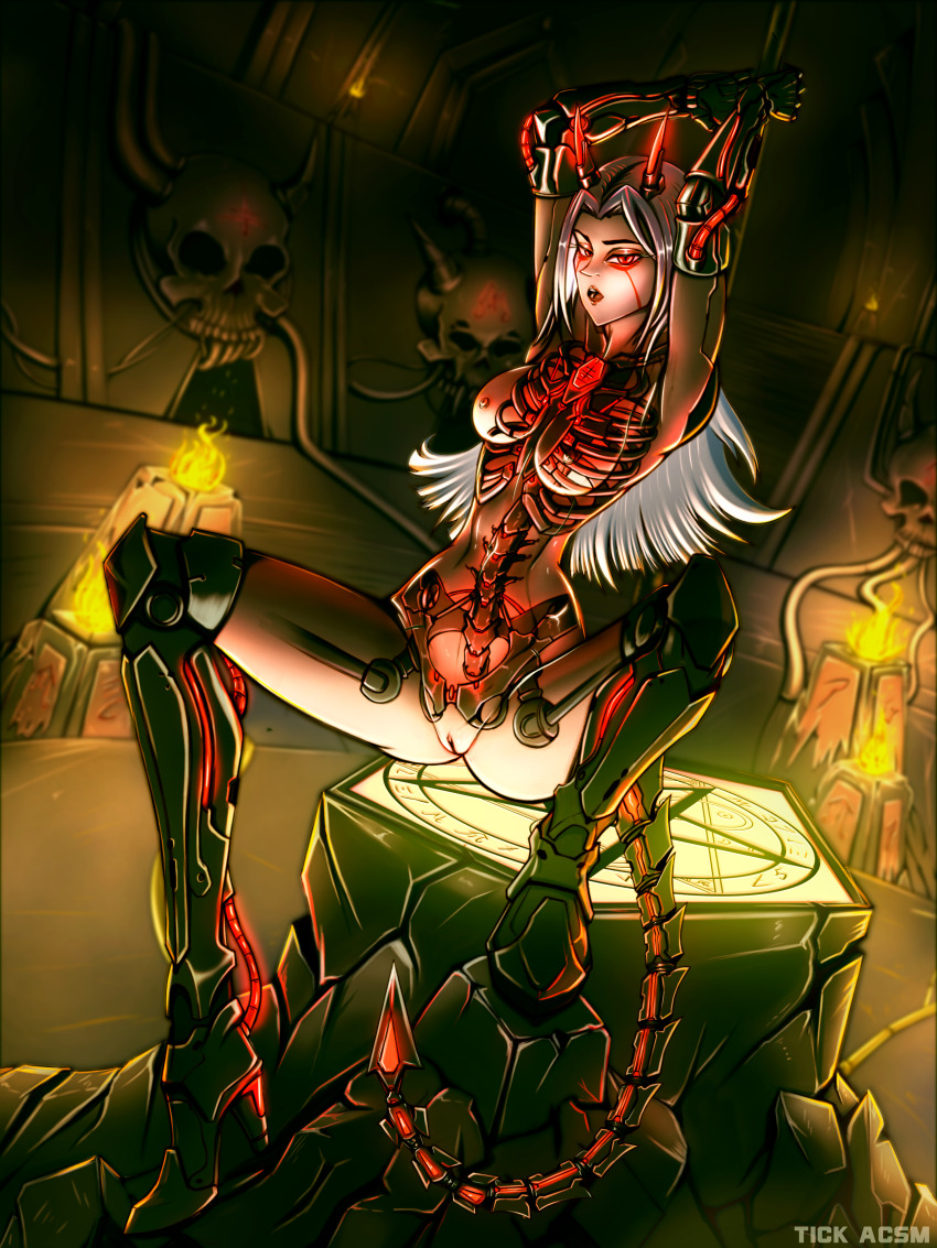 1girl absurdres android argent_energy arms_up bottomless breasts completely_nude cyberdemon cybernetic cyberpunk cyborg dancing dark day_of_wrath_(infinitypilot) demon demon_girl demon_horns demon_tail doom_(series) doom_eternal dungeon dystopia evil_eyes exhibitionism eyeliner eyeshadow factory fantasy glowing glowing_eyes glowing_horns hell high_heels highres holding holding_pole horns idol industrial legs_apart long_hair looking_at_viewer makeup mechabare mechanical_arms mechanical_legs midriff nipples no_bra no_panties no_pants no_shirt nude occult open_mouth original pedestal pentagram platform pole presenting presenting_pussy public_indecency public_nudity pussy red_eyeliner red_eyes red_eyeshadow robot robot_girl science_fiction see-through_body see-through_clothes sinister skeleton skull solo spread_legs stage stage_lights stripper stripper_pole tail technology tick_acsm topless_female translucent transparent white_hair zeta_(day_of_wrath)
