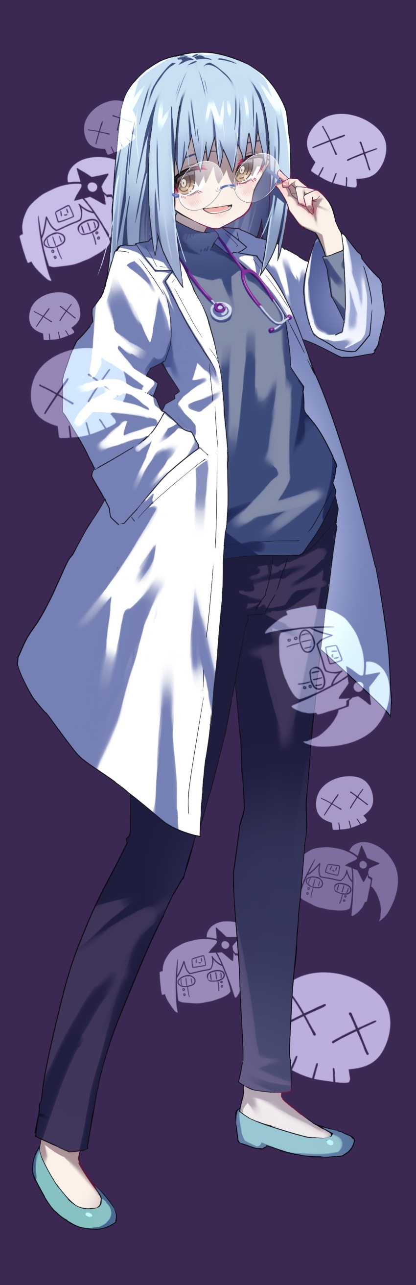1girl absurdres adjusting_eyewear aqua_shoes black_pants black_sweater blue_hair brown_eyes glasses hand_in_pocket high_heels highres izutsumi_minato lab_coat long_hair looking_at_viewer mosa_purim ninja_to_koroshiya_no_futarigurashi open_mouth pants pumps purple_background rimless_eyewear roboko_(ninkoro) round_eyewear shoes skull solo stethoscope sweater turtleneck turtleneck_sweater wide_sleeves