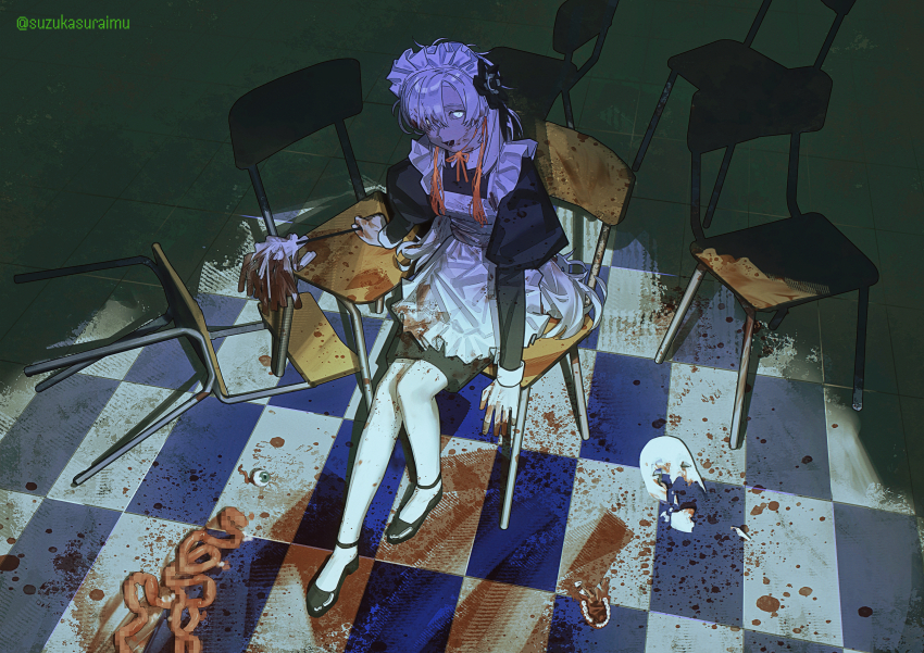 1girl absurdres apron black_dress black_flower black_shoes blood blood_on_clothes blood_on_face blood_on_hands bone chair dress duster entrails eyeball flower gloves guro hair_between_eyes hair_flower hair_ornament hairband highres holding holding_duster jaw long_hair looking_at_viewer maid maid_apron maid_headdress on_chair open_mouth organs original pantyhose red_ribbon ribbon school_chair shoes sidelocks sitting suzukasuraimu white_apron white_eyes white_gloves white_hair white_hairband white_pantyhose
