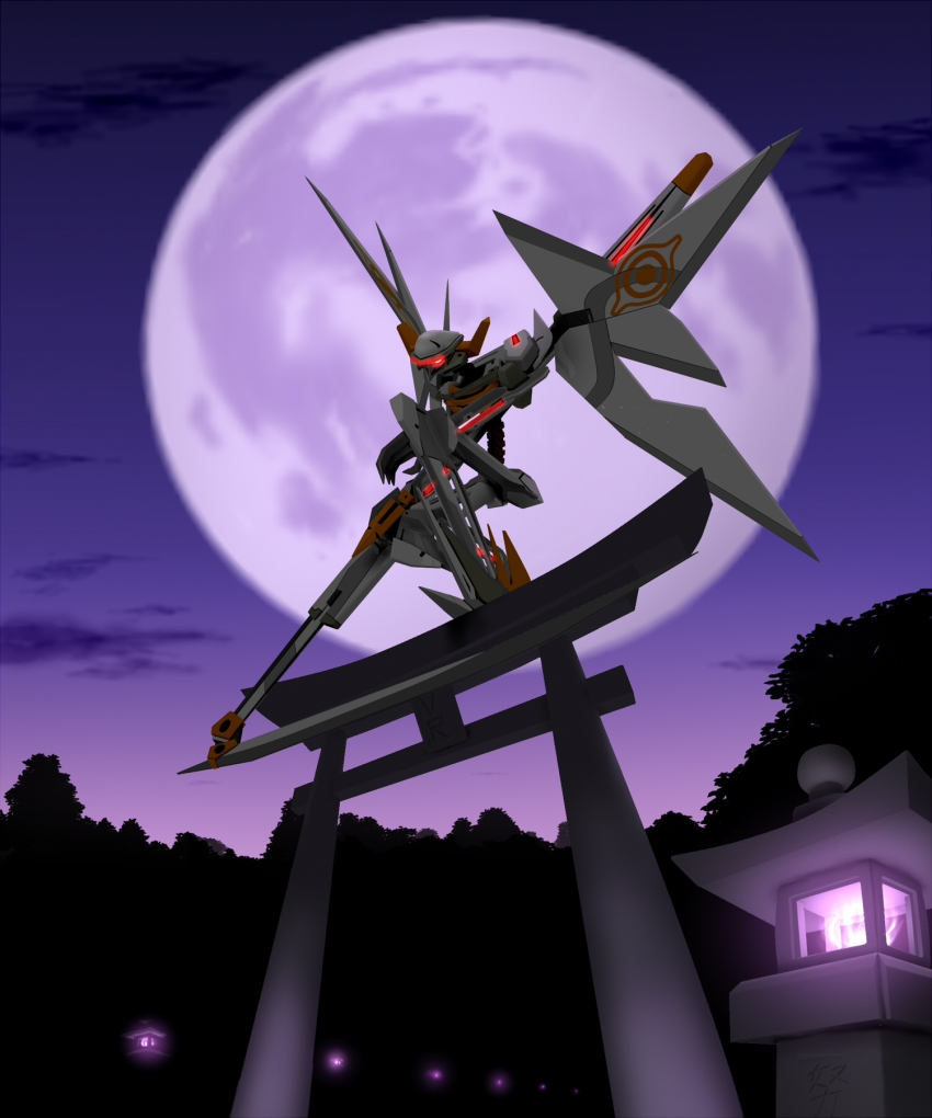 3d character_request cloud from_below full_moon glowing glowing_eyes gsan highres lantern mecha moon no_humans outdoors robot scythe shrine sky solo torii virtual_on