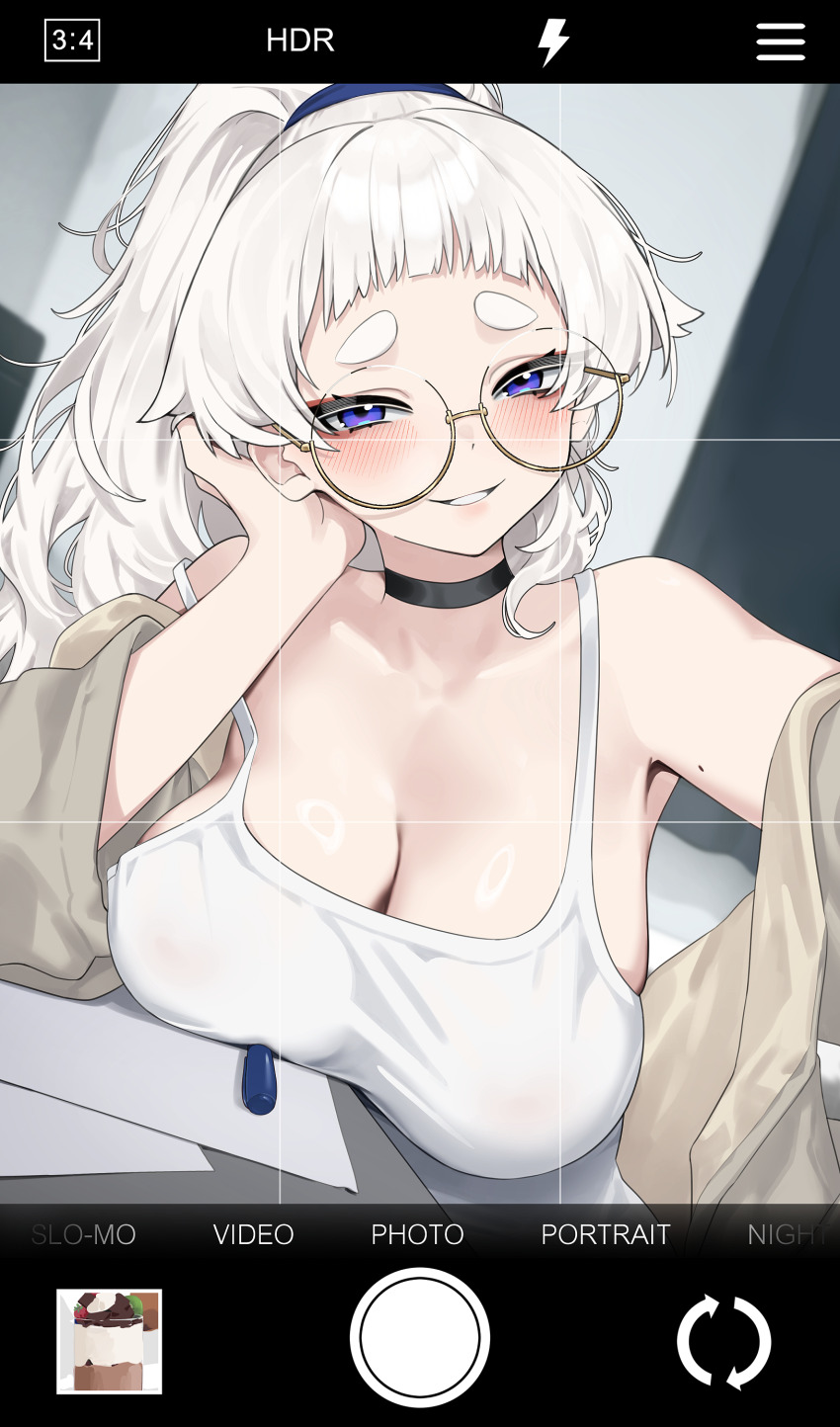 1girl absurdres bare_shoulders black_choker black_nails blush breast_rest breasts camisole cellphone choker cleavage commentary fake_screenshot glasses grin highres large_breasts leaning_to_the_side long_hair looking_at_viewer meg_(wakamepiza) mole mole_on_arm mole_on_armpit original phone ponytail purple_eyes round_eyewear short_bangs smartphone smile solo symbol-only_commentary thick_eyebrows thick_eyelashes tsurime viewfinder wakamepiza white_camisole white_hair yellow-framed_eyewear