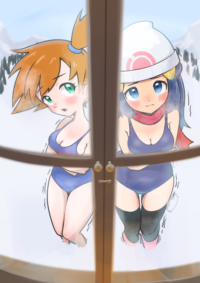 2girls absurdres beanie black_thighhighs blue_eyes blue_hair blue_one-piece_swimsuit blush boots breasts breath cleavage closed_mouth cold crossed_arms dawn_(pokemon) day eyelashes green_eyes hair_ornament hairclip hat highres long_hair looking_at_viewer medium_breasts microsd_(pibo) misty_(pokemon) multiple_girls nintendo one-piece_swimsuit open_mouth open_window orange_hair outdoors poke_ball_print pokemon pokemon_dppt pokemon_frlg red_scarf scarf school_swimsuit short_hair side_ponytail snow standing swimsuit thighhighs trembling window