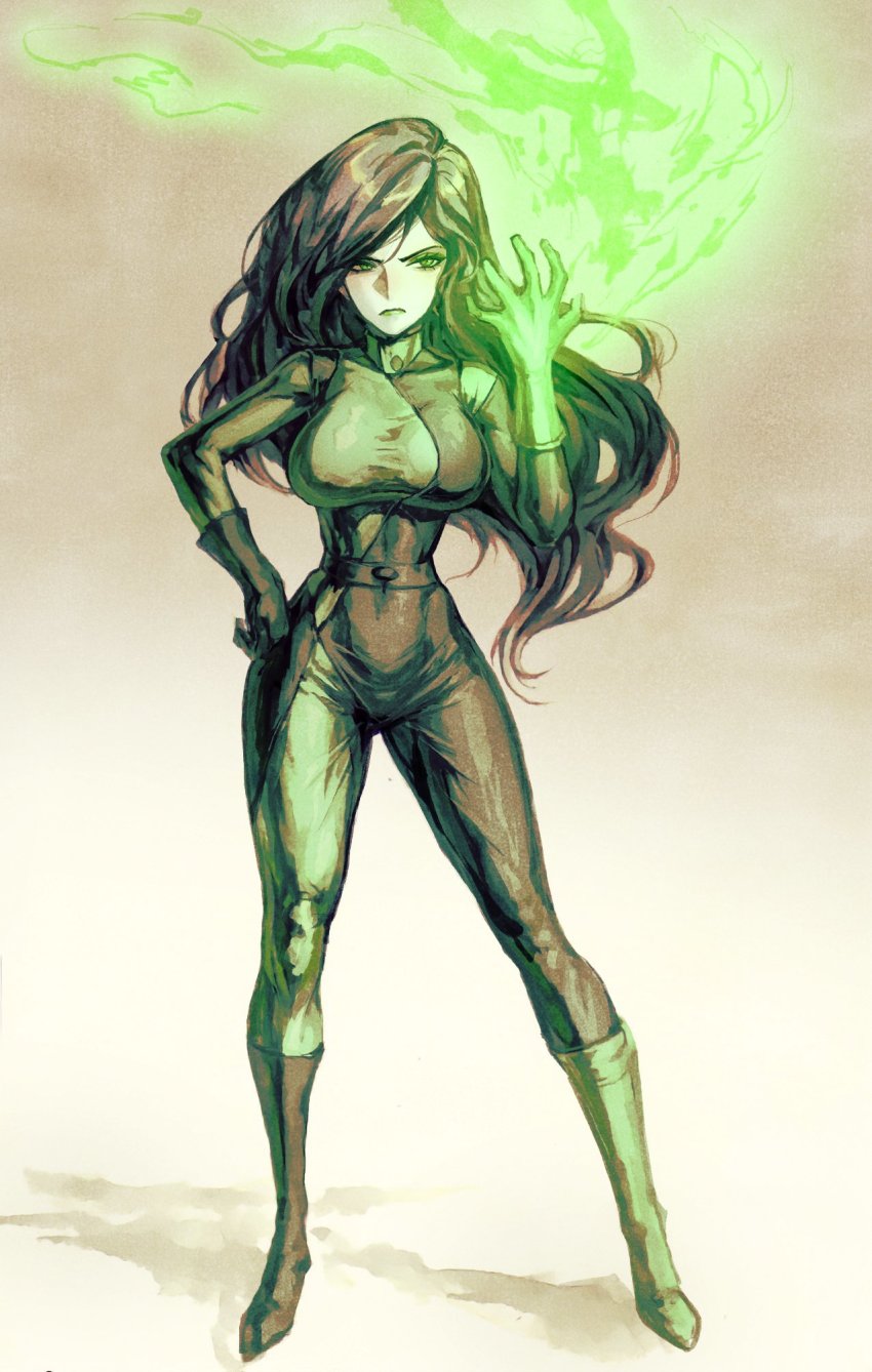 1girl asymmetrical_footwear asymmetrical_gloves black_boots black_gloves black_hair bodysuit boots breasts closed_mouth fire fujii_eishun gloves green_boots green_eyes green_fire green_gloves green_lips hand_on_own_hip highres kim_possible_(series) large_breasts lipstick long_hair makeup mismatched_footwear mismatched_gloves multicolored_bodysuit shadow shego simple_background solo standing