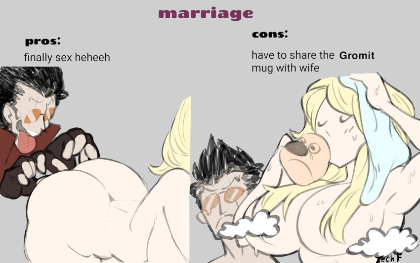 1boy 1girl absurdres ass before_and_after breasts convenient_censoring drinking glasses highres large_breasts no_more_heroes nude sunglasses sylvia_christel travis_touchdown upset