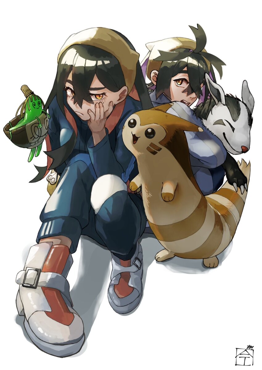 101_(imai) 1boy 1girl black_hair blue_jacket blue_pants blueberry_academy_school_uniform brother_and_sister carmine_(pokemon) colored_inner_hair crossed_bangs eyelashes full_body furret gen_2_pokemon gen_3_pokemon hair_between_eyes hairband hand_on_own_face highres jacket kieran_(pokemon) long_hair long_sleeves mightyena mole mole_under_eye multicolored_hair nintendo pants pokemon pokemon_(creature) pokemon_sv purple_hair red_hair school_uniform shoes siblings sinistcha sitting two-tone_hair white_background yellow_hairband