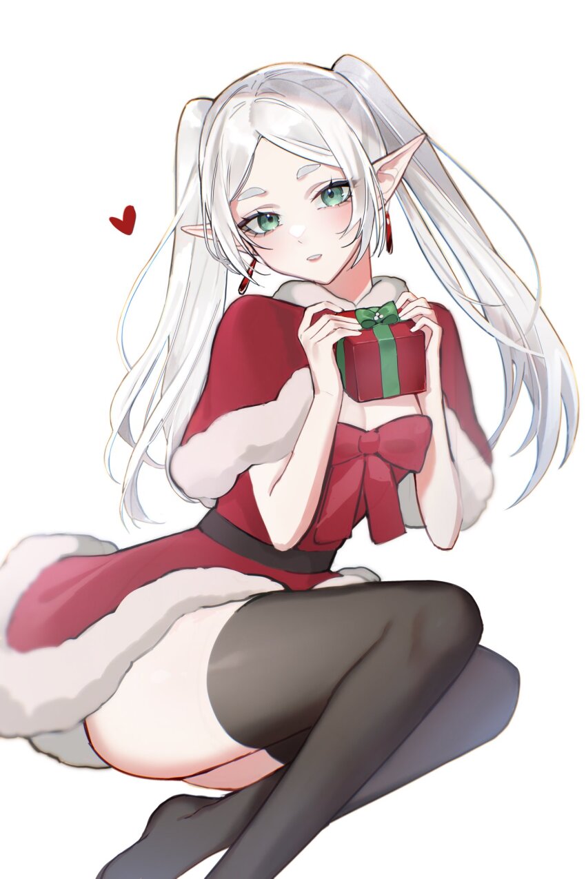 1girl alternate_costume ass black_thighhighs bow box breasts capelet cleavage commentary dress earrings elf english_commentary evangellium forehead frieren fur-trimmed_capelet fur-trimmed_dress fur_trim gift gift_box green_eyes grey_hair heart highres holding holding_gift jewelry lipstick looking_at_viewer makeup paid_reward_available parted_bangs pointy_ears red_bow red_capelet red_dress red_lips santa_costume santa_dress simple_background sitting small_breasts solo sousou_no_frieren thighhighs thighs white_background