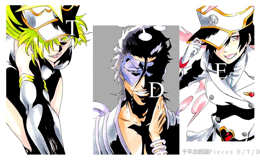 1boy 2girls absurdres askin_nakk_le_vaar bambietta_basterbine black_hair bleach bleach:_sennen_kessen-hen bracelet breasts buttons candice_catnipp collarbone gloves green_eyes green_hair hair_between_eyes halo hand_on_own_neck hat heart_belt highres jewelry ken&#039;ichi_(ken1ro_u) medium_breasts military_hat military_uniform multiple_girls one_eye_covered open_mouth parted_lips red_eyes tinted_eyewear tongue tongue_out
