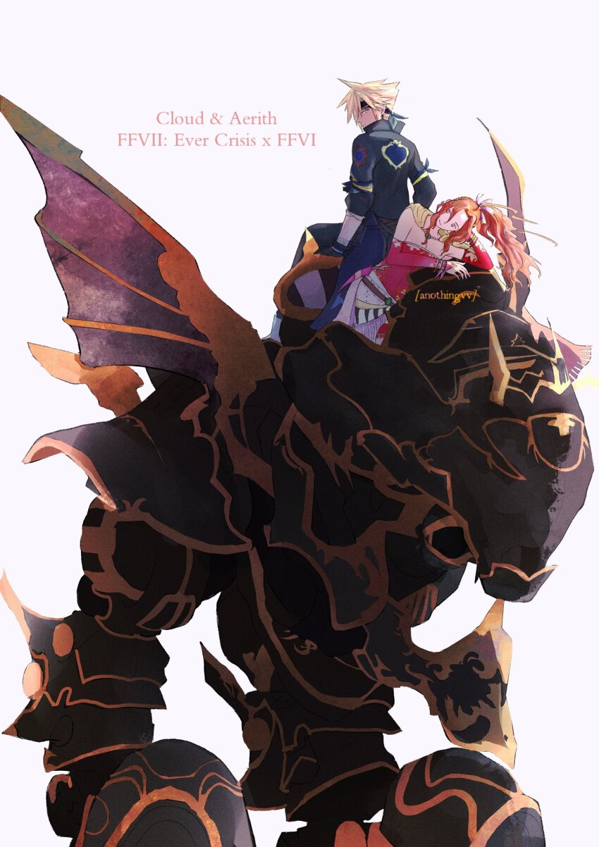 1boy 1girl aerith_gainsborough aerith_gainsborough_(terra&#039;s_garb) anothingvv arm_up artist_name black_gloves black_jacket black_pants blonde_hair breasts brown_hair cape character_name cloud_strife cloud_strife_(locke&#039;s_outfit) copyright_name cosplay detached_sleeves dress final_fantasy final_fantasy_vii final_fantasy_vii_ever_crisis gloves hair_ribbon head_on_hand headband highres jacket locke_cole locke_cole_(cosplay) long_hair magitek_armor medium_breasts official_alternate_costume pants parted_bangs ponytail red_dress red_sleeves ribbon sash short_dress short_hair spiked_hair strapless strapless_dress terra_branford_(cosplay) tina_branford tube_dress waist_sash white_background yellow_cape