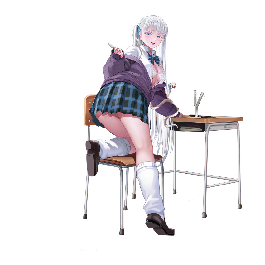1girl ass balisong blue_ribbon book bow bra breasts brown_shoes candy cardigan chair checkered_clothes checkered_skirt cheona_(last_origin) cleavage collared_shirt colored_eyelashes condom condom_wrapper desk ear_piercing floral_print food forked_tongue from_behind full_body green_bow green_nails green_skirt gyaru hair_ribbon hand_on_table highres holding holding_candy holding_food holding_lollipop knife lace lace_bra last_origin linea_alba loafers lollipop long_hair looking_at_viewer looking_back loose_socks medium_breasts miniskirt multicolored_nails nail_polish official_alternate_costume official_art open_clothes open_mouth open_shirt partially_unbuttoned partially_unzipped piercing pleated_skirt purple_cardigan purple_eyes purple_nails ribbon school_chair school_desk school_uniform shirt shoes simple_background skirt slit_pupils smile snake snake_girl socks solo tachi-e taesi teeth third-party_source tongue tongue_out tongue_piercing transparent_background twintails underwear upper_teeth_only white_bra white_eyelashes white_hair white_shirt white_snake white_socks