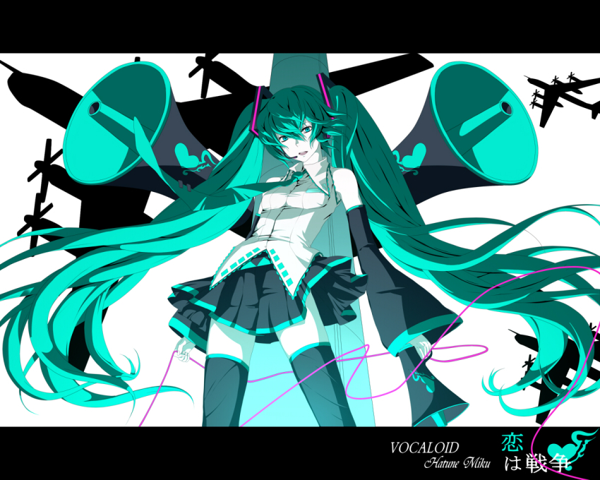 1girl aircraft airplane aqua_eyes aqua_hair bad_id bad_pixiv_id bomber detached_sleeves eto female_focus hatsune_miku headphones headset koi_wa_sensou_(vocaloid) letterboxed long_hair megaphone military military_vehicle monochrome necktie skirt solo spot_color thighhighs tu-95 twintails very_long_hair vocaloid zettai_ryouiki