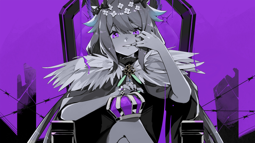 1girl cape crossed_legs crown enna_alouette eyebrows_hidden_by_hair feather_trim highres king_(vocaloid) moonie mouth_pull nijisanji nijisanji_en parody purple_eyes purple_theme sitting smile solo spot_color throne virtual_youtuber vocaloid