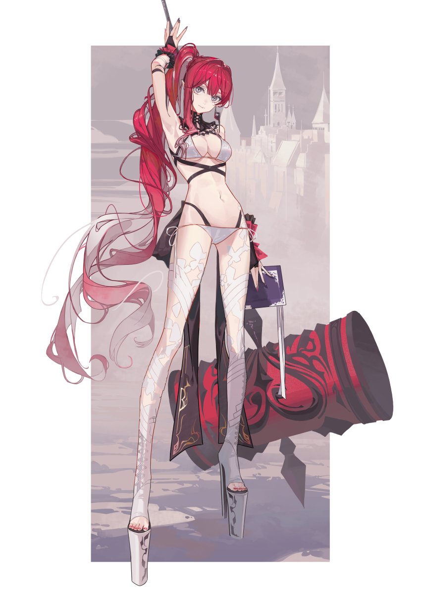 1girl absurdres baobhan_sith_(fate) baobhan_sith_(swimsuit_pretender)_(third_ascension)_(fate) bare_shoulders bikini breasts cleavage fate/grand_order fate_(series) full_body grey_eyes highres large_breasts long_hair looking_at_viewer navel pink_hair pointy_ears rong_kui_baku solo swimsuit white_bikini