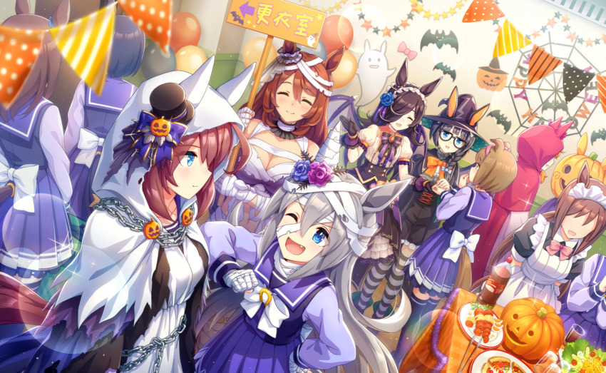 6+girls ^_^ ahoge animal_ears arm_under_breasts back_bow balloon bandaged_arm bandaged_chest bandaged_ear bandaged_head bandaged_neck bandaged_waist bandages bare_shoulders bat_wings black_boots black_bow black_bowtie black_capelet black_corset black_gloves black_hair black_hairband black_hat black_robe black_shorts black_skirt black_socks black_thighhighs blue_eyes blue_flower blue_rose blue_sailor_collar blue_shirt blue_skirt blunt_bangs boots bottle bow bowtie braid breasts brooch brown_hair buttons candy_hair_ornament capelet cargo_shorts center_frills chain chain_belt choker cleavage cloak closed_eyes closed_mouth collared_shirt corset crop_top cross-laced_clothes cross-laced_shorts cup dress drinking_glass dutch_angle ear_covers ear_ornament ear_ribbon ears_down ears_through_headwear eating elbowing eyelashes eyes_visible_through_hair fake_wings fang flower food food-themed_hair_ornament frilled_choker frilled_hairband frilled_shorts frilled_skirt frills gem ghost_costume glasses gloves grey_bow grey_hair grey_shirt hair_between_eyes hair_flower hair_ornament hair_over_one_eye hair_over_shoulder hair_ribbon hairband halloween halloween_costume hand_on_own_hip happy hat hat_bow high-waist_shorts highres holding holding_sign horse_ears horse_girl horseshoe_ornament huge_ahoge indoors jack-o&#039;-lantern_hat_ornament jewelry lace lace-trimmed_gloves lace_trim large_breasts layered_skirt light_blush light_particles lolita_hairband long_hair long_sleeves looking_at_another maid medium_skirt midriff mihono_bourbon_(the_ghost_finds_halloween_magic)_(umamusume) mihono_bourbon_(umamusume) mini_hat mini_top_hat miniskirt multicolored_skirt multiple_girls mummy_costume navel official_alternate_costume one_eye_closed orange_bow orange_bowtie orange_gemstone outstretched_hand over-kneehighs party pizza pleated_skirt pointy_nose puffy_long_sleeves puffy_sleeves purple_bow purple_choker purple_flower purple_ribbon purple_rose purple_skirt purple_wings ribbon rice_shower_(umamusume) rice_shower_(vampire_makeover!)_(umamusume) robe rose sailor_collar salad school_uniform shirt shirt_under_dress shorts sidelocks sign single_braid single_stripe skirt smile socks soda soda_bottle sparkle spider_web_hat_ornament star_button strapless strapless_shirt striped_bow striped_bowtie striped_clothes striped_shirt striped_socks super_creek_(chiffon-wrapped_mummy)_(umamusume) super_creek_(umamusume) table tamamo_cross_(beware!_halloween_night!)_(umamusume) tamamo_cross_(umamusume) thighhighs top_hat torn_bow torn_cloak torn_clothes torn_shirt tracen_school_uniform two-tone_socks umamusume vampire_costume very_long_hair white_bow white_bowtie white_cloak white_dress white_ribbon white_shirt white_skirt white_socks wings witch witch_hat zenno_rob_roy_(magical_heroine)_(umamusume) zenno_rob_roy_(umamusume) zettai_ryouiki