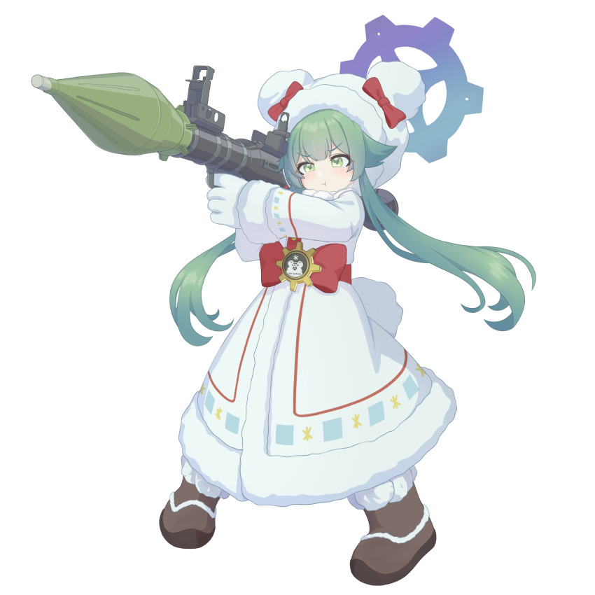 1girl :t aiming animal_hood bear_hood bear_tail blue_archive blue_halo boots bow brown_boots closed_mouth coat coat_dress dress fake_tail full_body fur-trimmed_boots fur-trimmed_coat fur-trimmed_hood fur_trim gear_halo gloves green_eyes green_hair hair_flaps halo highres holding holding_rocket_launcher holding_weapon hood little_sparks long_hair long_sleeves momiji_(blue_archive) pom_pom_footwear pout red_bow red_winter_federal_academy_logo rocket_launcher rpg rpg-7 rpg_(weapon) simple_background solo tail tearing_up twintails v-shaped_eyebrows weapon white_background white_dress white_gloves