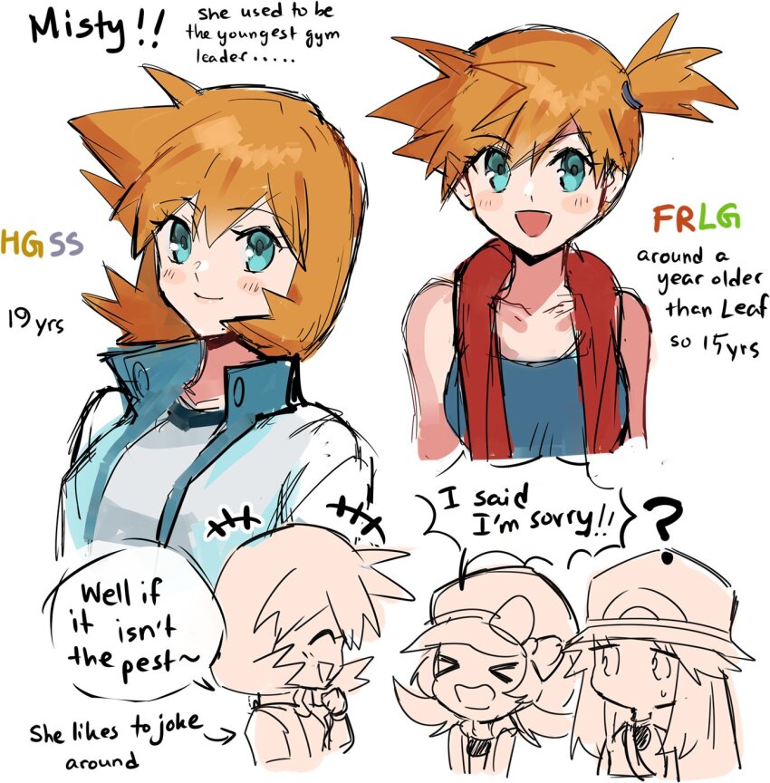 &gt;_&lt; +++ 1girl 3girls :d ? asymmetrical_hair blue_eyes blush breasts closed_eyes denim denim_shorts english_text gen_1_pokemon green_eyes gym_leader hair_tie hat highres jacket kash-phia leaf_(pokemon) long_hair looking_at_viewer lyra_(pokemon) misty_(pokemon) multiple_girls nintendo open_clothes open_jacket open_mouth orange_hair pokemon pokemon_(anime) pokemon_(classic_anime) pokemon_frlg pokemon_gsc pokemon_hgss ponytail shirt short_hair shorts side_ponytail simple_background sketch sleeveless smile suspenders swimsuit white_background xd