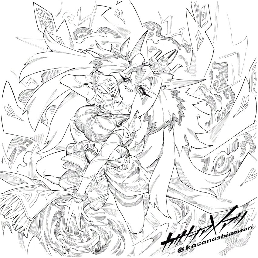 1girl bare_shoulders breasts character_request collarbone duel_monster eyelashes fangs full_body highres kasanashiameari large_breasts long_hair looking_at_viewer midriff monochrome navel signature simple_background solo twitter_username very_long_hair white_background wind yu-gi-oh!