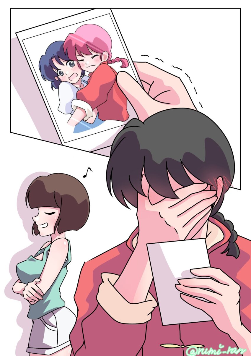 1boy blue_hair blush breasts brown_hair chinese_clothes closed_eyes fuurinkan_high_school_uniform highres open_mouth ranma-chan ranma_1/2 rumi_ran saotome_ranma school_uniform smile tangzhuang tendou_akane tendou_nabiki