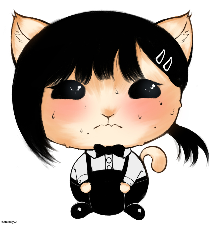 animal_ears apron blush cat cat_ears cat_tail chainsaw_man fraankyy higashiyama_kobeni highres nervous shirt shoes sweat tail white_shirt