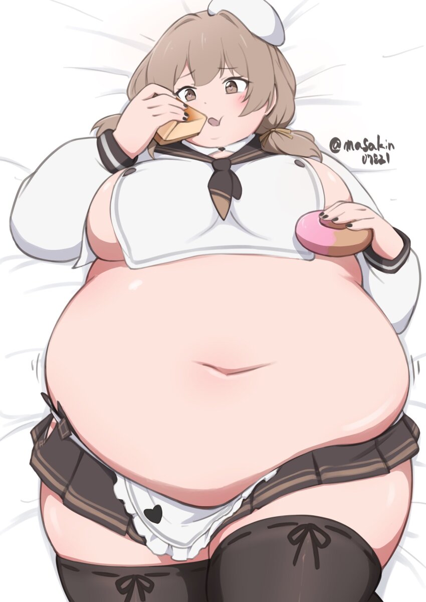 1girl apron ascot bed belly beret big_belly black_thighhighs blush bow bready_(nikke) breast_curtain breasts brown_eyes brown_hair cake cake_slice crop_top donut eating fat fat_woman food goddess_of_victory:_nikke hair_bow hair_ribbon hat heart highres holding holding_food large_breasts low_twintails lying masakin medium_hair midriff miniskirt navel obese on_back open_mouth puffy_cheeks revealing_clothes ribbon shirt sideboob skirt solo thick_thighs thighhighs thighs twintails white_hat white_shirt