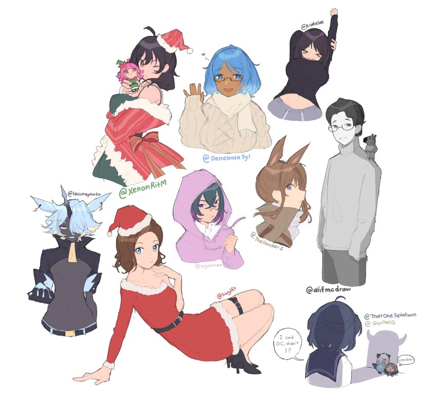 &gt;_&lt; 2boys 6+girls absurdres ahoge arms_up black_hair black_sailor_collar black_shrug black_skin blonde_hair blue_eyes blue_hair blush borrowed_character breasts brown_hair character_doll collared_shirt colored_skin commentary cropped_torso crossed_bangs d: dark-skinned_female dark_skin different_shadow doll dress dress_shirt dx english_commentary english_text gen_5_pokemon glasses gradient_hair grey_sweater hair_between_eyes hair_over_one_eye hand_up hands_in_pockets hat heart highres hito_(maruhito) holding holding_doll hood hood_up hoodie just_a_chill_guy_(meme) knit_sweater large_breasts light_blue_hair long_sleeves love_live! love_live!_nijigasaki_high_school_idol_club medium_hair meme midriff_peek multicolored_hair multiple_boys multiple_girls nakasu_kasumi navel nintendo nose_blush one_eye_covered open_mouth original oshawott partially_colored pink_hair pokemon purple_eyes purple_hair purple_hoodie sailor_collar santa_costume santa_dress santa_hat scarf school_uniform semi-rimless_eyewear serafuku shadow shirt short_hair short_sleeves shrug_(clothing) simple_background speech_bubble stretching sweater tennoji_rina turtleneck turtleneck_sweater twitter_username two-tone_hair two_side_up under-rim_eyewear very_short_hair white_background white_scarf white_shirt