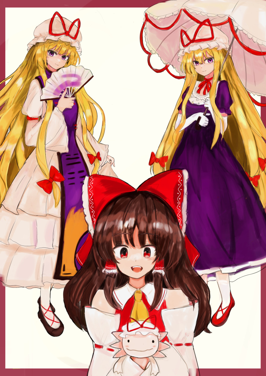 3girls 83mkneinlsqmebq absurdres animal animalization ascot axolotl blonde_hair bow brown_hair choker closed_mouth commentary_request detached_sleeves dress dual_persona elbow_gloves folding_fan frilled_bow frilled_dress frilled_hair_tubes frills gloves hair_bow hair_tubes hakurei_reimu hand_fan hat hat_ribbon highres holding holding_animal holding_fan holding_umbrella long_hair long_sleeves mob_cap multiple_girls multiple_hair_bows open_mouth parasol person_and_animalization purple_dress purple_eyes purple_tabard red_bow red_eyes red_ribbon ribbon ribbon-trimmed_sleeves ribbon_choker ribbon_trim shoes short_sleeves skirt_hold smile tabard touhou umbrella very_long_hair white_dress white_gloves wide_sleeves yakumo_yukari yakumo_yukari_(axolotl) yellow_ascot
