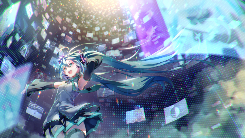 1girl absurdres armpits black_skirt blue_eyes blue_hair blue_necktie collared_shirt commentary_request detached_sleeves eva_mashiro floating_hair grey_shirt hand_in_own_hair hatsune_miku hatsune_miku_no_shoushitsu_(vocaloid) headset highres holographic_monitor lens_flare long_hair necktie open_mouth outstretched_arm pleated_skirt shirt skirt sleeveless sleeveless_shirt smile solo thighhighs twintails ura-omote_lovers_(vocaloid) vocaloid