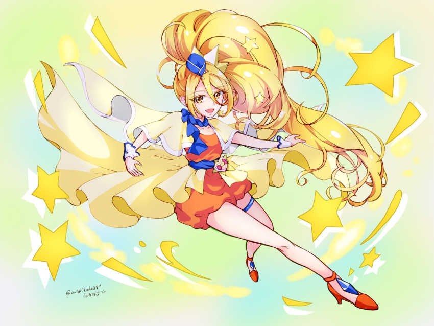 1girl blonde_hair blue_hat blue_scarf bow capelet choker cure_etoile dated dress earrings full_body garrison_cap hair_between_eyes hair_bow hair_ornament hat heart_pouch high_heels highres hugtto!_precure jewelry kagayaki_homare long_hair looking_at_viewer magical_girl open_mouth orange_dress orange_shoes ponytail precure scarf shoes short_dress side_ponytail skirt smile solo sonna877san star_(symbol) star_earrings star_hair_ornament thigh_strap very_long_hair wrist_cuffs yellow_eyes