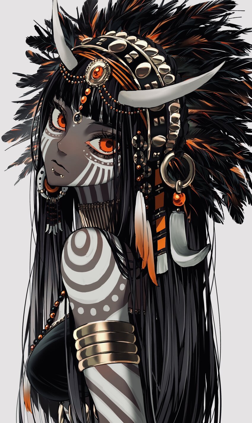 1girl absurdres armlet black_hair bodypaint dark_skin grey_background headdress highres horns jewelry lip_piercing long_hair looking_at_viewer original piercing red_eyes solo tribal urkt_10 very_dark_skin