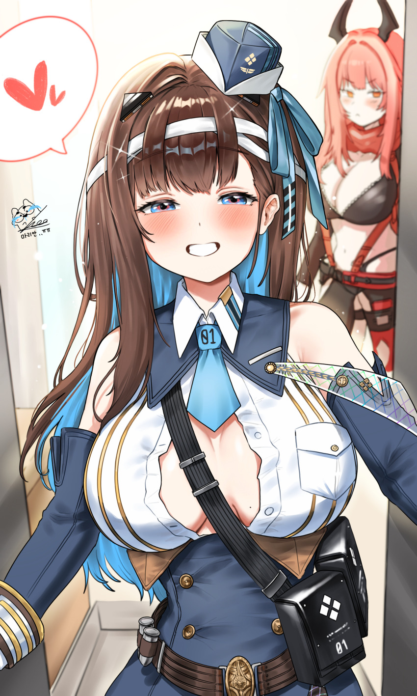 2girls absurdres black_pants blue_dress blue_eyes blue_hair blush_stickers breasts brown_hair cleavage colored_inner_hair commentary cosplay crop_top detached_sleeves doorway dress english_commentary goddess_of_victory:_nikke hairband hat heart highres horns ice_bear large_breasts long_hair looking_at_viewer marian_(nikke) marian_(nikke)_(cosplay) mechanical_horns mini_hat modernia_(nikke) mole mole_on_breast multicolored_hair multiple_girls navel orange_eyes pants pov_doorway rapi_(nikke) rapi_(red_hood)_(nikke) red_hair red_hood_(nikke) red_hood_(nikke)_(cosplay) smile spoken_heart stomach two-tone_hair white_hairband