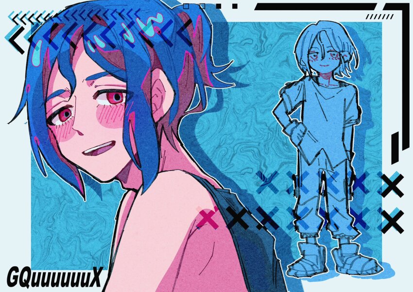 1boy blue_background blue_hair border colored_inner_hair gloves gundam gundam_gquuuuuux haneumi highres looking_at_viewer lower_eyelashes_only male_focus multicolored_hair multiple_views pants purple_hair red_eyes shirt short_hair shuji_ito sleeveless smile solo tank_top two-tone_hair white_border