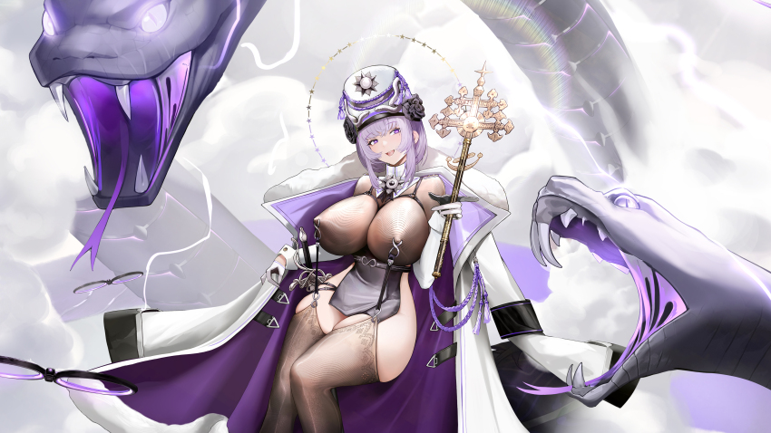 1girl absurdres artist_request black_flower black_rose breasts coat coat_on_shoulders covered_erect_nipples drone echocalypse flower fur-trimmed_coat fur_trim gloves hat hat_flower highres holding large_breasts long_sleeves mole mole_under_eye morai_(echocalypse) official_art open_mouth purple_coat purple_eyes purple_hair rose smile snake tassel thighhighs two-sided_coat two-sided_fabric two-sided_gloves white_coat white_gloves white_hat