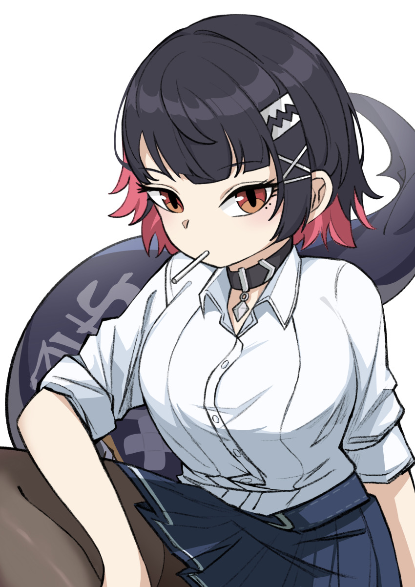 1girl absurdres black_hair black_skirt blush breasts candy closed_mouth ellen_joe ellen_joe_(on_campus) fins fish_tail food hair_ornament highres kimsoing large_breasts lollipop lollipop_in_mouth long_sleeves looking_at_viewer mole mole_under_eye official_alternate_costume pleated_skirt red_eyes red_hair school_uniform shark_girl shark_tail short_hair simple_background skirt solo tail white_background x_hair_ornament zenless_zone_zero