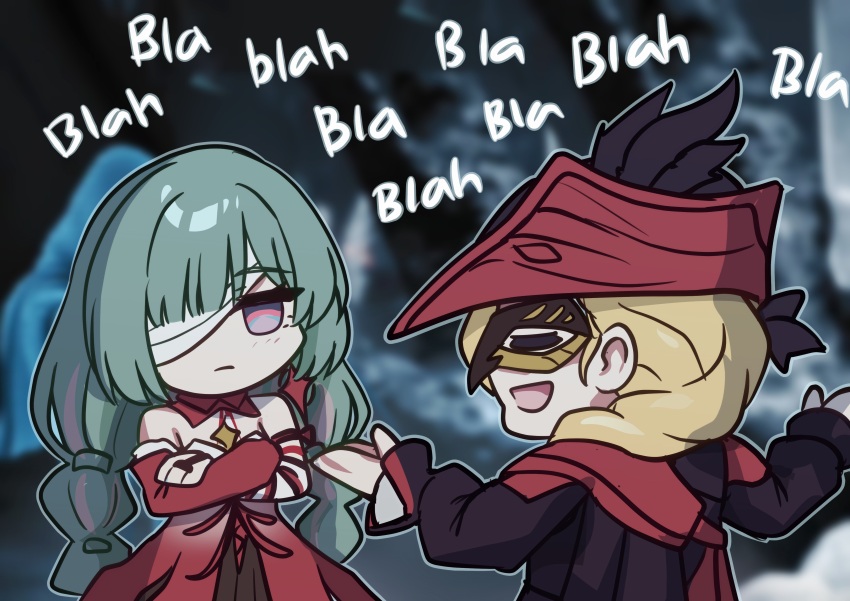1boy 1girl absurdres bandage_over_one_eye bare_shoulders blonde_hair chibi chibi_only closed_mouth commentary cristoforo_(wuthering_waves) crossed_arms detached_sleeves dress english_commentary eye_mask flareza hat highres open_mouth outstretched_arms phrolova_(wuthering_waves) red_dress red_sleeves single_detached_sleeve smile talking tricorne unamused wuthering_waves