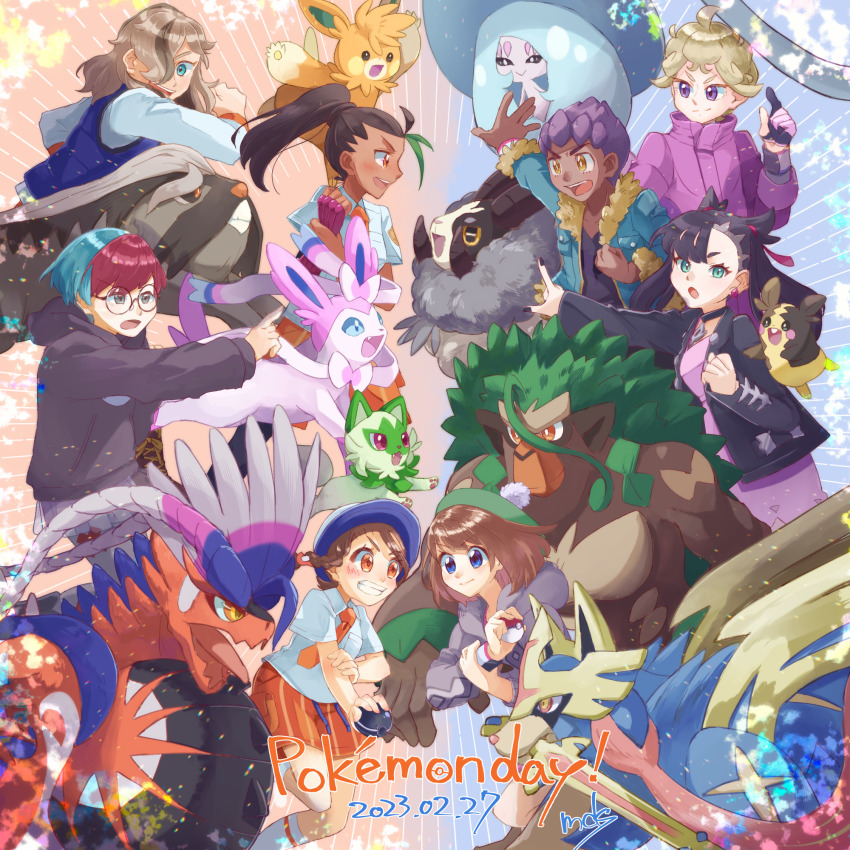 3boys 4girls arven_(pokemon) bede_(pokemon) black_hair black_nails blonde_hair blue_eyes blue_hair brown_hair dubwool earrings gen_6_pokemon gen_8_pokemon glasses gloria_(pokemon) green_hair grey_hair hair_over_one_eye hat hatterene highres holding holding_poke_ball hood hoodie hop_(pokemon) jewelry juliana_(pokemon) koraidon legendary_pokemon mabosstiff marnie_(pokemon) morpeko morpeko_(full) multicolored_hair multiple_boys multiple_girls naranja_academy_school_uniform necktie nemona_(pokemon) nintendo open_mouth orange_eyes pawmot penny_(pokemon) poke_ball poke_ball_(basic) pokemon pokemon_(creature) pokemon_day pokemon_sv pokemon_swsh ponytail purple_hair red_hair rillaboom school_uniform sprigatito starry-doll sylveon two-tone_hair zacian zacian_(crowned)