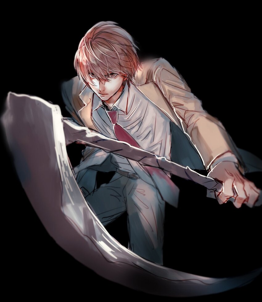 1boy black_background brown_eyes brown_hair brown_jacket closed_mouth collared_shirt commentary_request cowboy_shot death_note grey_pants hair_between_eyes highres holding holding_scythe jacket male_focus necktie pan2ca pants red_necktie school_uniform scythe shirt short_hair solo suit_jacket white_shirt yagami_light