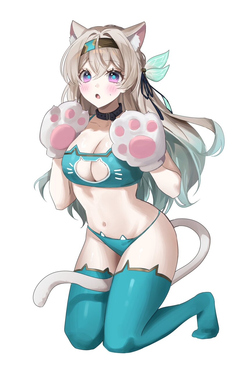 1girl :o absurdres alternate_costume animal_ear_fluff animal_ear_legwear animal_ears animal_hands aqua_bra aqua_hair aqua_panties aqua_pupils aqua_thighhighs black_collar black_headband blush bra breasts cat_cutout cat_ear_legwear cat_ear_panties cat_ears cat_lingerie cat_tail cleavage clothing_cutout collar commentary firefly_(honkai:_star_rail) full_body gloves gradient_hair grey_hair hair_between_eyes headband highres honkai:_star_rail honkai_(series) kemonomimi_mode kneeling large_breasts long_hair looking_at_viewer meme_attire multicolored_hair navel no_shoes open_mouth panties paw_gloves pibag purple_eyes simple_background solo stomach tail thighhighs underwear very_long_hair white_background