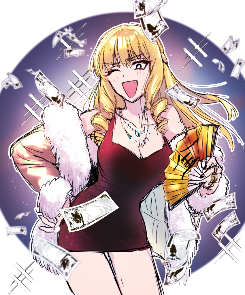 1girl banknote black_eyes blonde_hair blurry blurry_background blush border breasts bright_pupils cleavage cowboy_shot dress drill_hair falling_money fang folding_fan fur-trimmed_jacket fur_trim gold_jacket half_updo hand_fan hand_on_own_hip highres holding holding_fan jacket jewelry kaneda_mochiko large_breasts leaning_forward long_hair long_sleeves looking_at_viewer microdress money mount_celeb_kaneda-san multiple_rings necklace okiraku_boy one_eye_closed open_mouth outside_border purple_background red_dress ring ringlets round_image smile solo sparkle standing white_border white_pupils