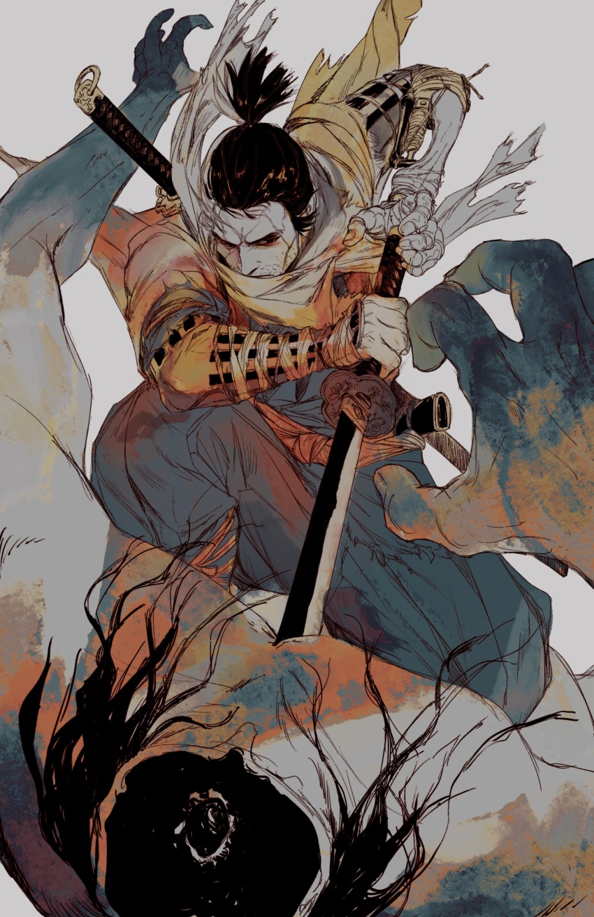 1boy 1other absurdres armor belt black_eyes black_hair covered_face facial_hair falling full_body grey_background hakama hakama_pants highres holding holding_sword holding_weapon japanese_armor japanese_clothes katana kote long_hair male_focus multicolored_hair pants piyomotsu ponytail prosthesis prosthetic_arm scabbard scarf sekiro sekiro:_shadows_die_twice sheath sheathed short_ponytail simple_background stab streaked_hair stubble sword weapon weapon_on_back white_hair white_scarf