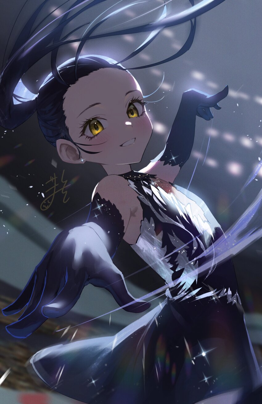 1girl absurdres black_dress black_gloves black_hair blush dress figure_skating figure_skating_dress gloves gomashiwo_o highres kamisaki_hikaru long_hair looking_at_viewer medalist_(manga) outstretched_arms skating_rink smile solo sparkle spread_arms yellow_eyes