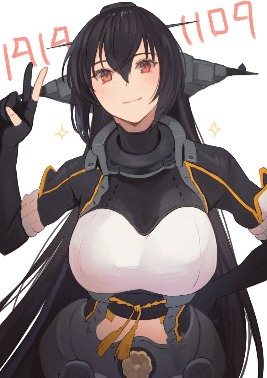 1girl black_coat black_garter_straps black_gloves black_hair brown_eyes closed_mouth coat crop_top elbow_gloves garter_straps gloves hair_between_eyes headgear highres kantai_collection kasumi_(skchkko) long_coat long_hair looking_at_viewer metal_belt midriff military_uniform nagato_(kancolle) nagato_kai_ni_(kancolle) navel partially_fingerless_gloves rigging skirt smile solo v white_background
